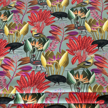 Crimson Canopy Bird Print Fabric – Organic Cotton – Jungle Leaf Curtain - Decor Textile